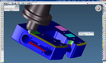 A final machining operation to complete an Instron grip body is displayed within GibbsCAM’s Cut Part Rendering, which is used to verify tool paths while programming or after completion.