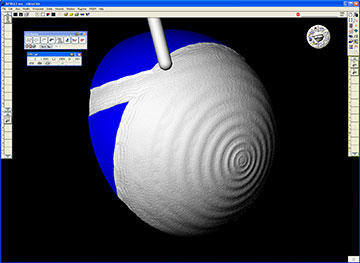GibbsCAM visualization module Cut Part Rendering, showing toolpaths. The machined pattern cut on hemispheres appears continuous on assembled sphere.