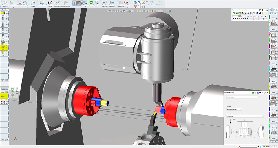 The INDEX G400 machine model is simulated in GibbsCAM. Here you can see how turning tools on the milling head and turret on the sub spindle are used simultaneously.